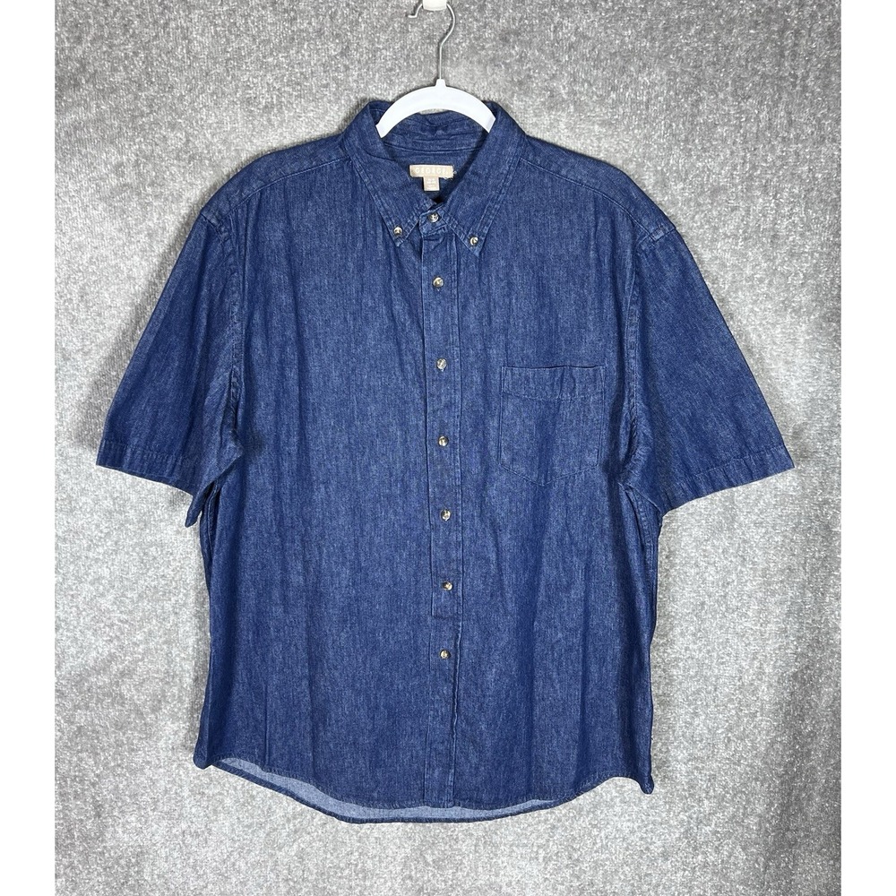 George Denim Button Down Shirt Mens Size XL 46-48 Blue Short Sleeve Chest Pocket